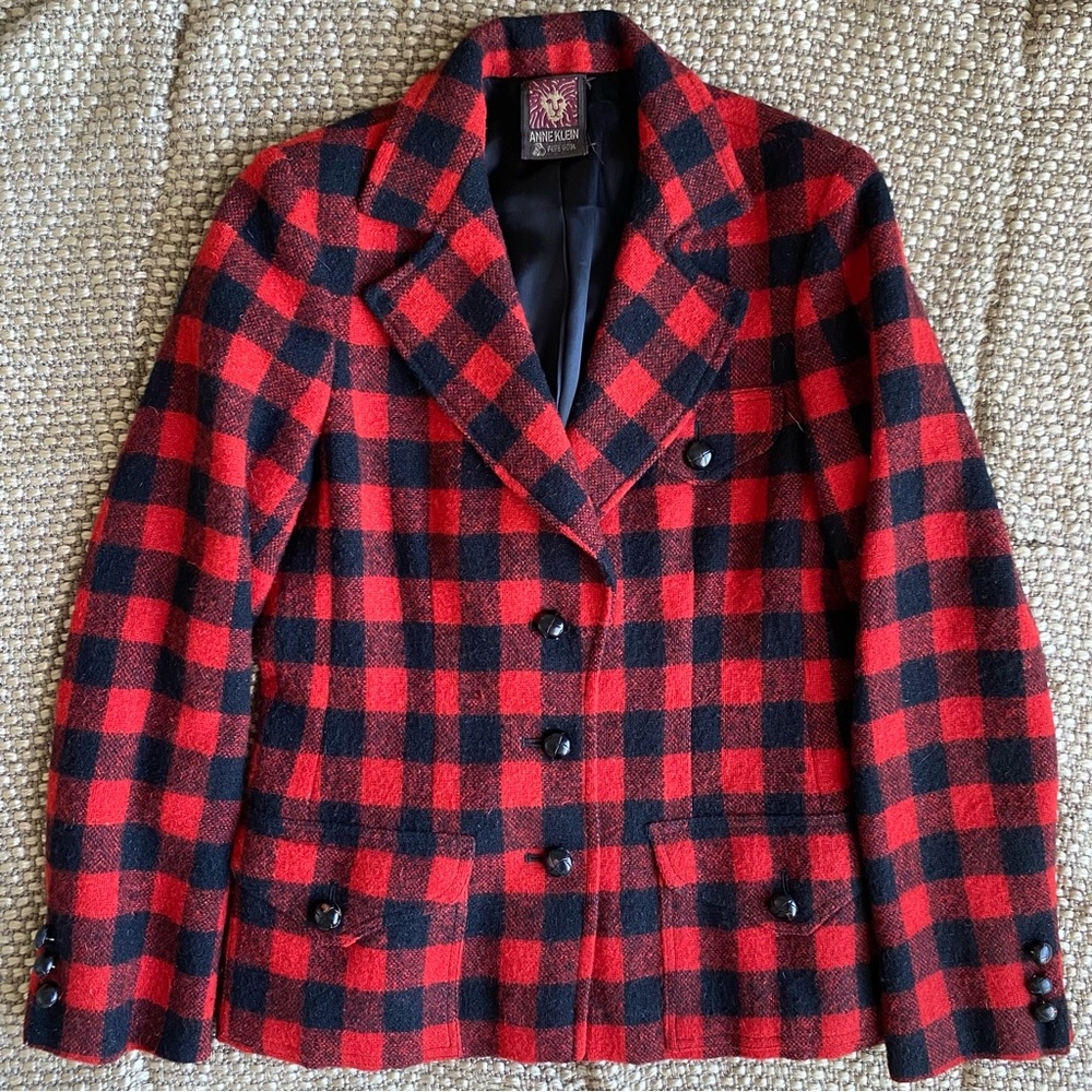 VTG 1980’s Anne Klein Red and Black Buffalo Plaid Blazer and Skirt Set